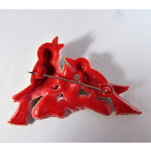 Vintage 1940 Celluloid tan figural 2 Birds on a branch with fire flame Brooch - Picture 7 of 9